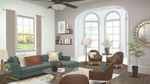 Living room with dark teal and camel accents