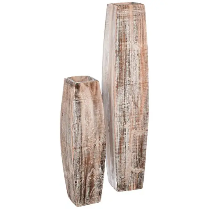 KALALOU Set of White Washed Tall Oblong Wooden Vases, Large & Small, Brown (CPP2022)