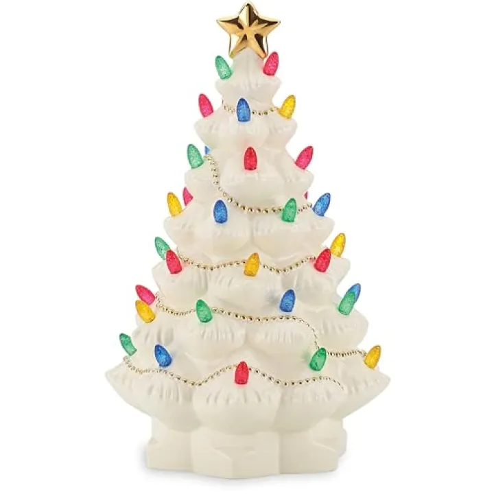 Lenox Figurine, Treasured Traditions Ivory Light-Up Ceramic Christmas Tree Figurine, Christmas Decorations, Holiday Winter Decor Indoor (Ivory, 1 Piece, 8.82-Inch Height) 3 AAA Batteries Not Included