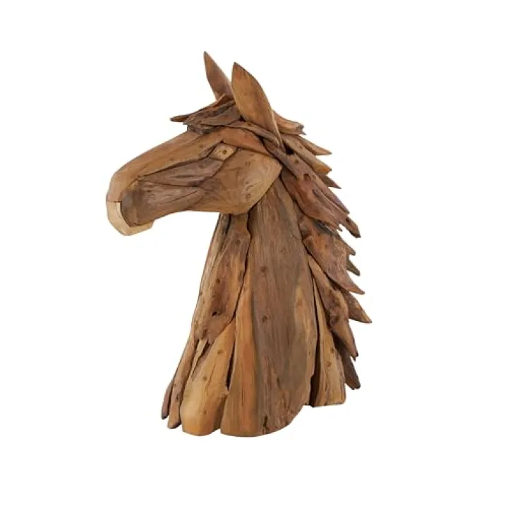 Deco 79 Teak Wood Horse Handmade Decorative Sculpture Head Home Decor Statue with Layered Woodchip Pieces, Accent Figurine 10" x 18" x 24", Brown