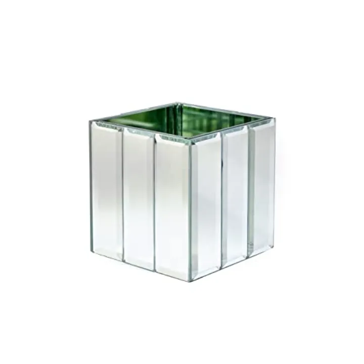 Serene Spaces Living Small Gatsby Mirror Strip Cube Vase – Art Deco Inspired Glass Vase with Mirror Finish, Measures 4” Cube