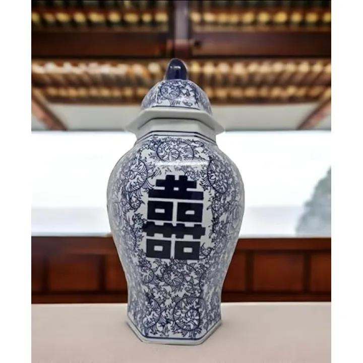 14" Classic Blue and White Porcelain Floral Temple Ginger Jar Vase, China Ming Style, Double Happiness, Chinoiserie Vase, Hexagonal Jar