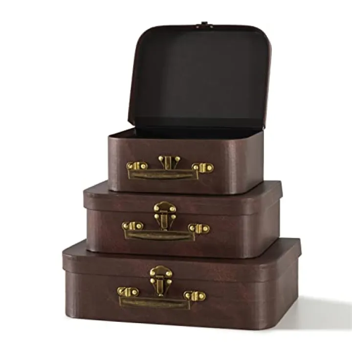 SLPR Paperboard Suitcases Set of 3, Brown Leather - Vintage Cardboard Suitcase Decor, Nesting Luggage Decorative Mache Boxes with Hinged Lids and Brass Handle, Mini Suitcases for Centerpieces