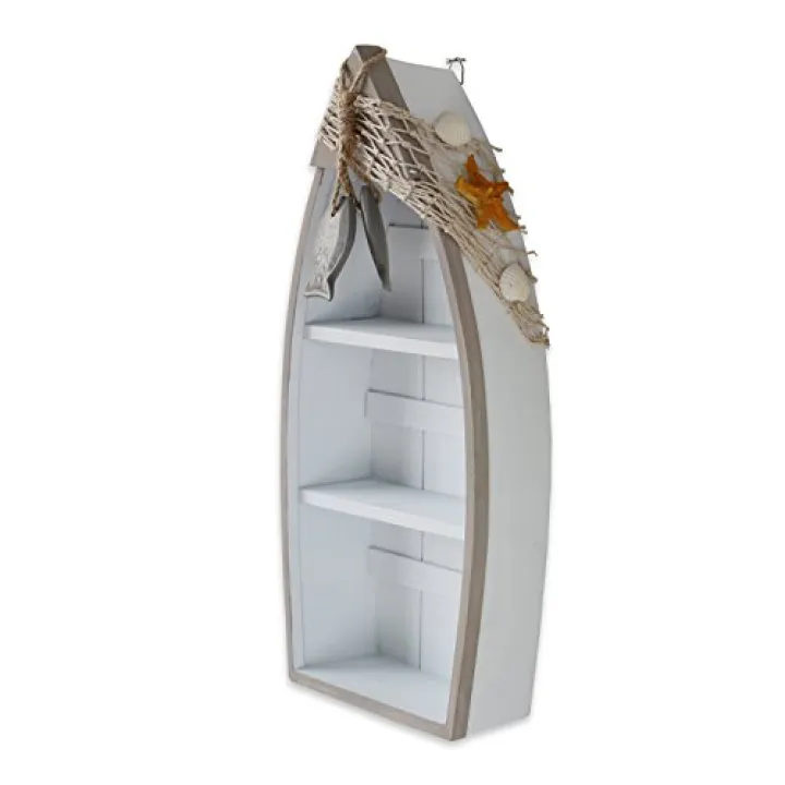 Attraction Design Wooden Boat Shelf, 16.5" H Standing Boat Display with Fish Net Starfish Seashell Accents White Beach Nautical Theme Decor H (Boat Shelf)