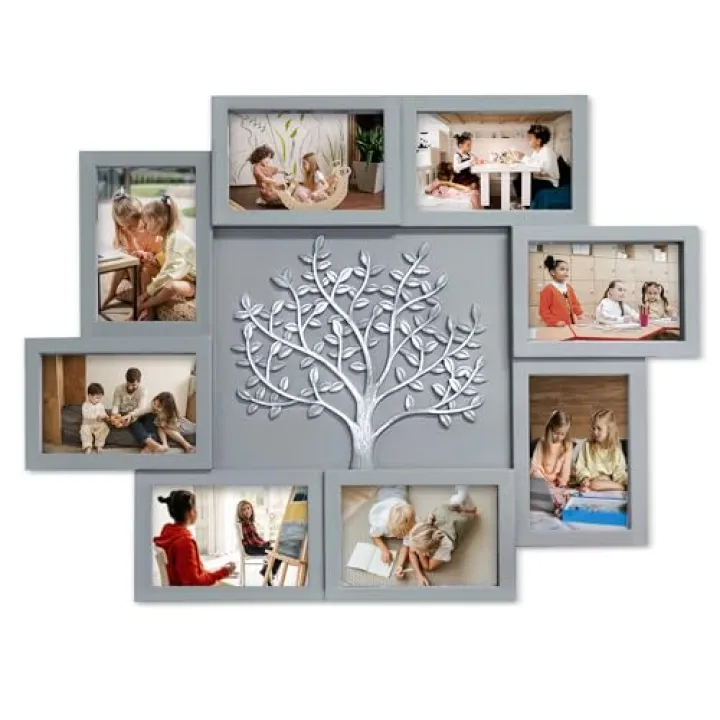 Jerry & Maggie Picture Frames Collage Wall Decor for Home, Family Tree Photo Frames for Wall, 4x6 Picture Frame Collage with Tree, Grey with Silver Tree