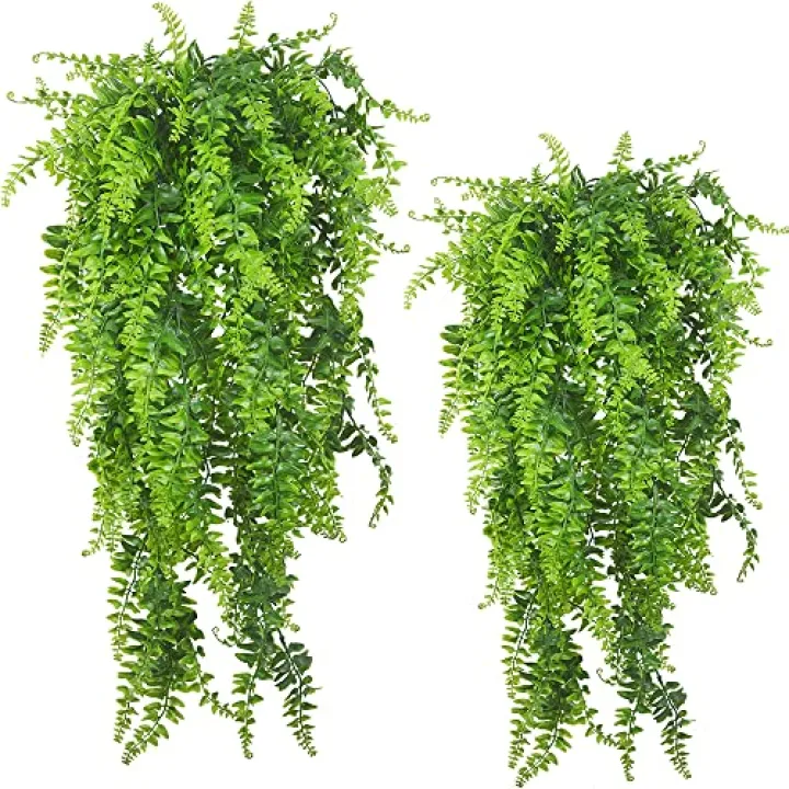 Antspirit 2pack Artificial Fake Hanging Ferns Plants Vine Fake Ivy Boston Fern Hanging Plant Outdoor UV Resistant Plastic Plants (Green)