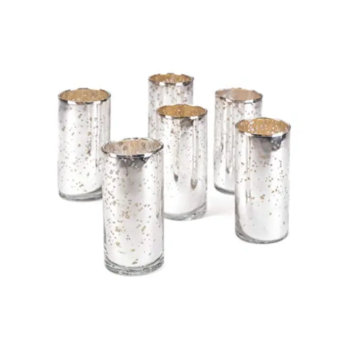 Serene Spaces Living Set of 6 Antique Silver Cylinder Vases – Handmade Silver Vases for Centerpieces - Mercury Glass Finish for Weddings, Parties, and Events – 4" Tall & 2" Diameter