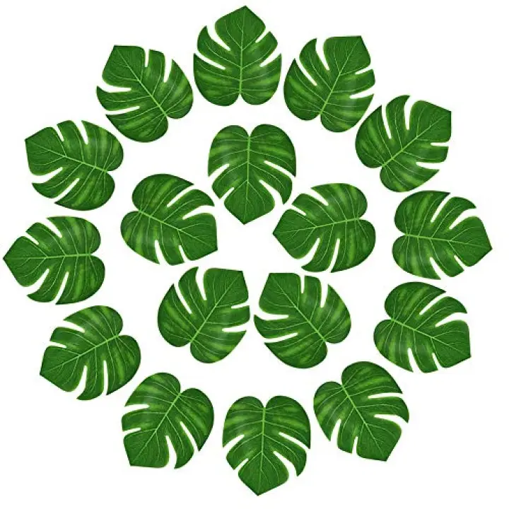 KUUQA 24 Pcs Artificial Tropical Leaves Hawaiian Luau Party Decor Medium Simulation Tropical Monstera Plant Leaves for Safari Jungle Beach Theme Birthday Party Decorations Supplies