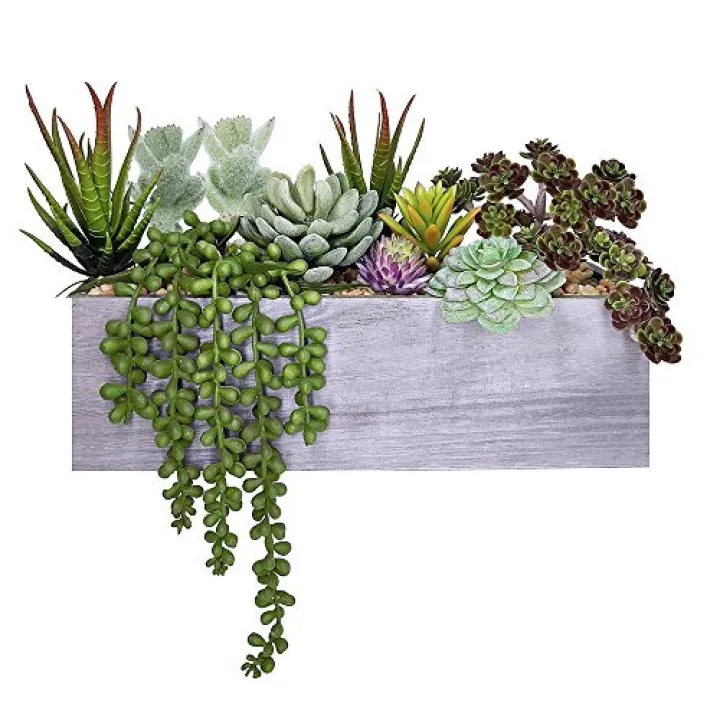 Supla Artificial Potted Succulents Plants Arrangement Fake Succulent Plants in Rectangular Wooden Pot Arrangement for Table Centerpiece Windowsill Greenery Decor