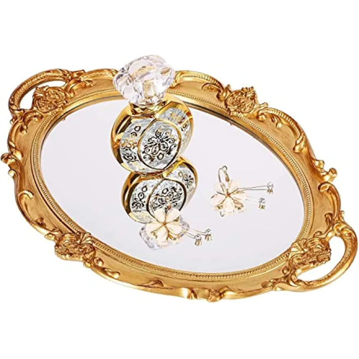 Zosenley Polyresin Ellipse Antique Decorative Mirror Tray, Makeup Organizer, Jewelry Organizer, Serving Tray, 9.8”x 14.6”, Gold