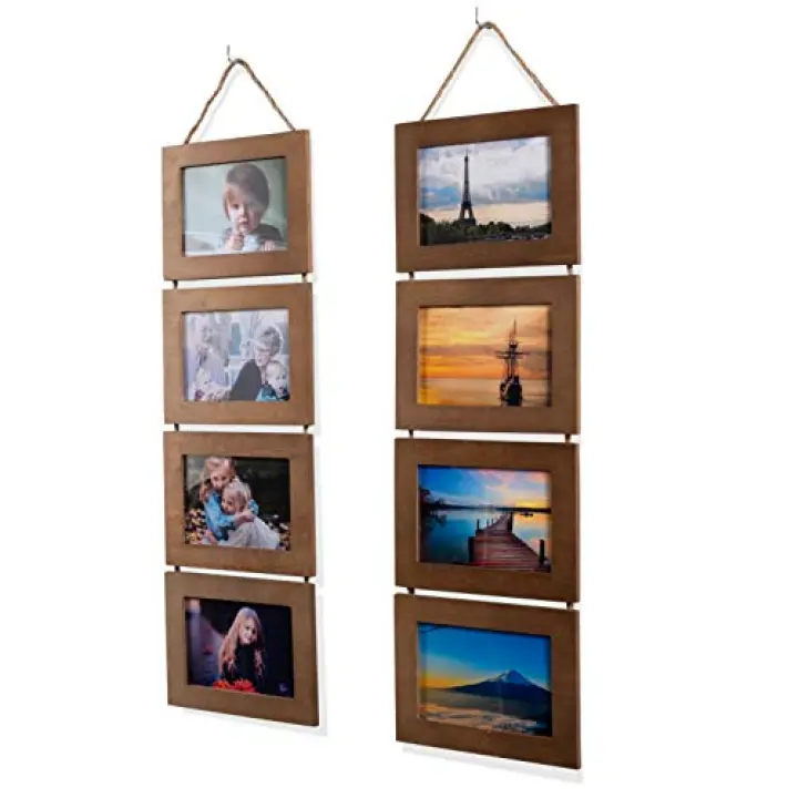 Wallniture Aries Vertical Wall Decor Picture Frames 4x6 Inch, 8 Opening Photo Collage Set of 2 (Walnut)