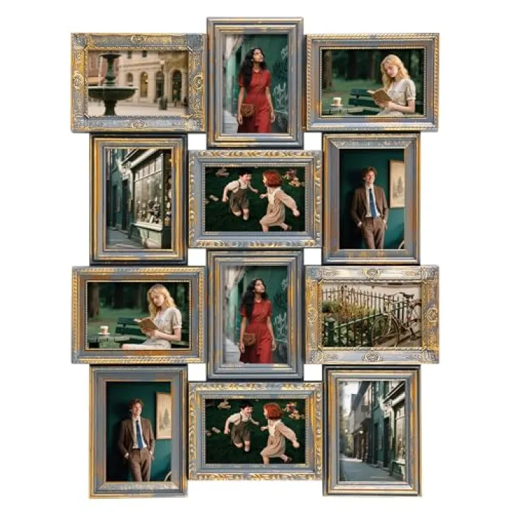 Jerry & Maggie 12 Opening Collage Photo Frame Rustic 23×18 Vintage Embossed Finish PVC Picture Frames Selfie Gallery Collage Wall Hanging For 6×4 Photo, Vintage