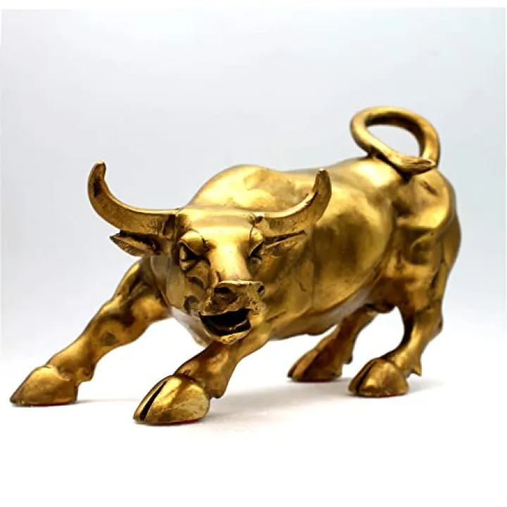 Lizipai Feng Shui Fortune Brass W Street Bull Statue, Sculpture Home Decoration Golden Copper Bull Represents Good Luck of Career and Wealth