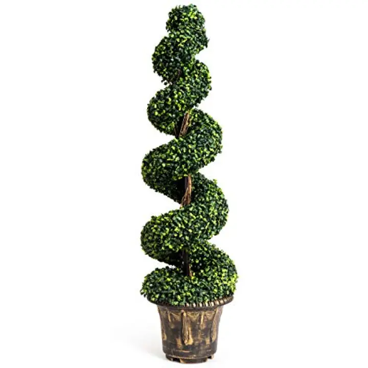 GOPLUS 4 Ft Artificial Boxwood Spiral Topiary Tree, Fake Greenery Plants, Leaves & Cement-Filled Plastic Flower Pot Decorative Trees for Porch Home Office Indoor Outdoor