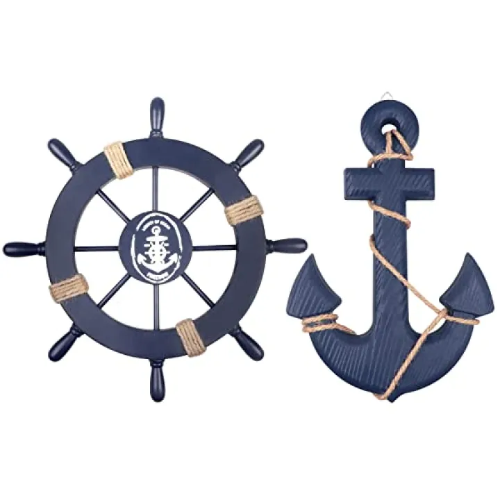 2 Pack 11" Nautical Beach Wooden Ship Wheel and 13" Wooden Anchor with Rope Nautical Boat Steering Wheel Rudder Anchor Wall Art Decor Door Hanging Ornament Beach Theme Home Decoration(Blue)
