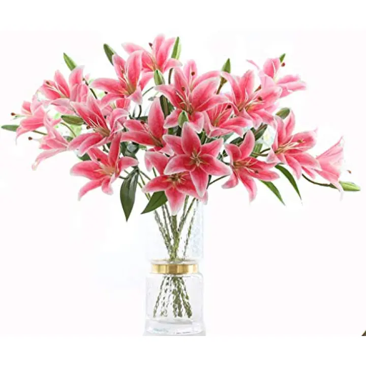 LNHOMY 6 Pack Artificial Lily Flowers Full Bloom Fake Latex Real Touch Artificial Flower Bouquets with 3 Heads Wedding Party Decor Home Décor (Rose Pink)