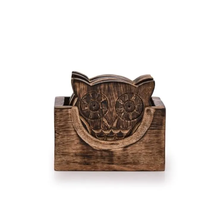 NIRMAN Wooden Crafted Coaster Set of 6 with Coasters Holder for Drink Bar Coaster Tea Coffee Mug Tabletop Barware Drink Handmade Dining Home Decor (Owl Shape)