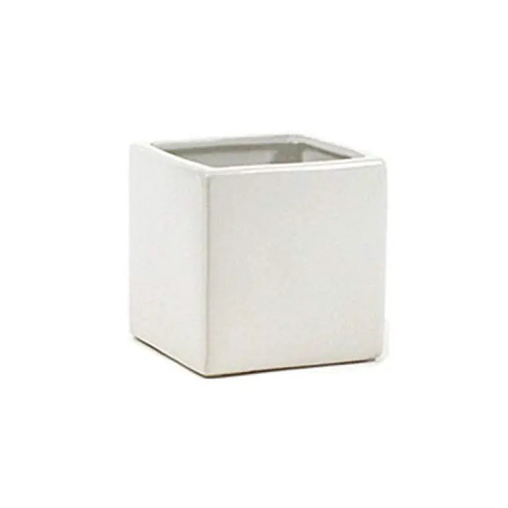 WGVI WGV Ceramic Cube Vase Width 3" Height 3" (Fits 2.5" Pot) Elegant Modern Small Square Floral Planter Terrarium Container Table Dresser for Event Accent Home Office Decor White 1 Piece