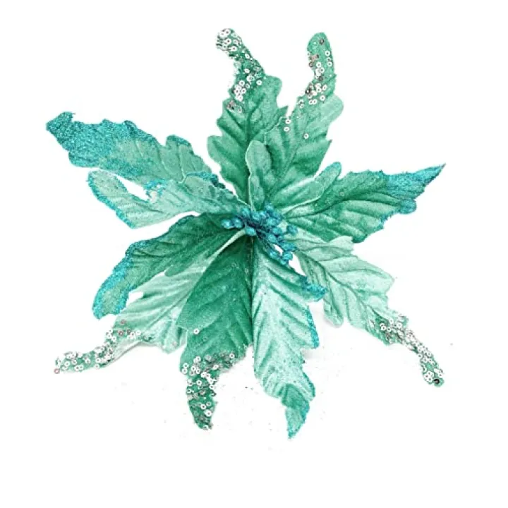 allgala 6-PK Glitter and Sequin Decorated Fabric Poinsettia Artificial Christmas Flower with Clips-Turquoise-XF93304