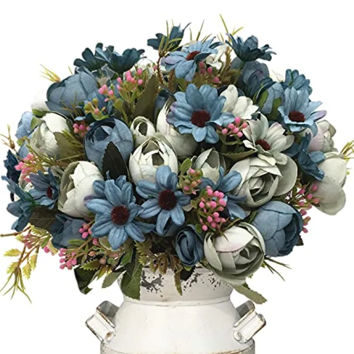 LOVENIMEN Artificial Peony Flowers, Fake Silk Plastic Plants Wedding Bridal Bouquet Party Indoor Outdoor DIY Home Garden Verandah Corridor Table Arrangements Decoration - Blue 4 Pack