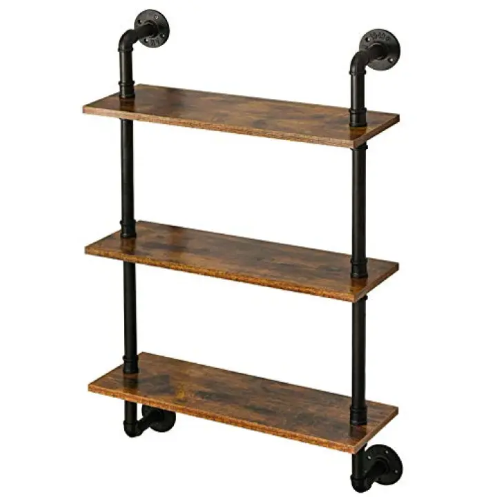 IBUYKE Industrial Pipe Shelves, Pipe Floating Shelves, Rustic Wall Mount Bookcase, 3-Tiers, 23.6" Metal Bracket Storage Wall Shelf for Bedroom, Kitchen, Living Room, Bathroom RF-TM003