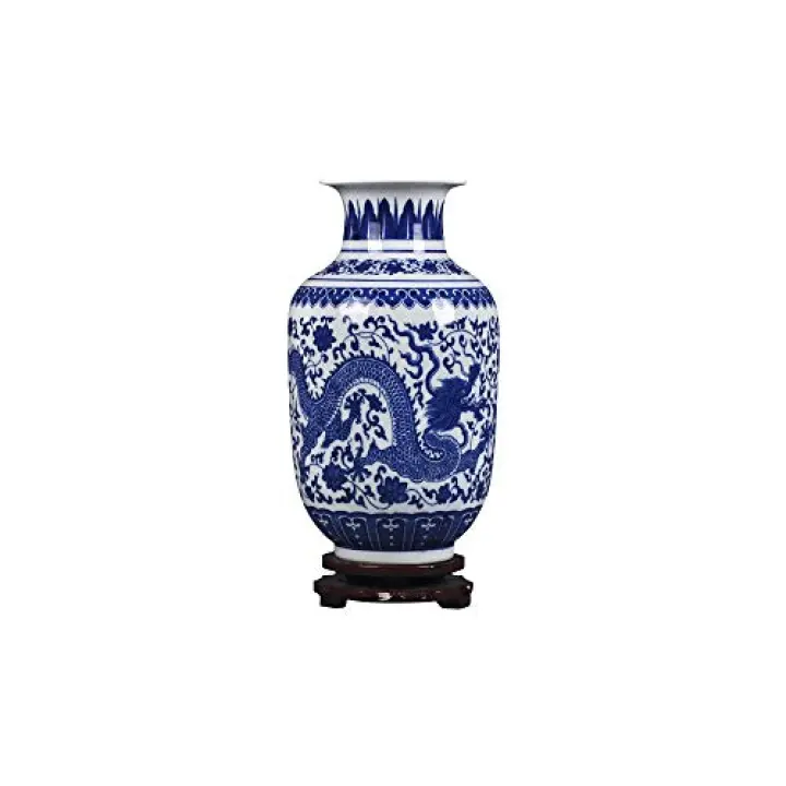 fanquare Jingdezhen Blue and White Porcelain Flower Vase, Large Handmade Chinese Dargon Ceramic Vase, Asian Decorative Vase, 11"
