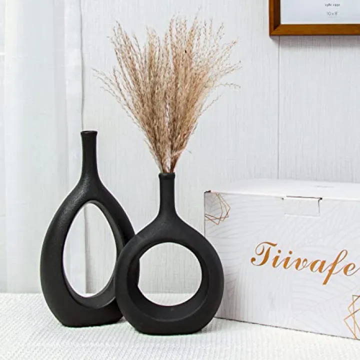 Black Ceramic Hollow Vases Set of 2, Matte Frosted Textured Oval Ceramic Flower Vase, Home Decor Modern Vase Centerpieces,Holiday Gifts for Friends