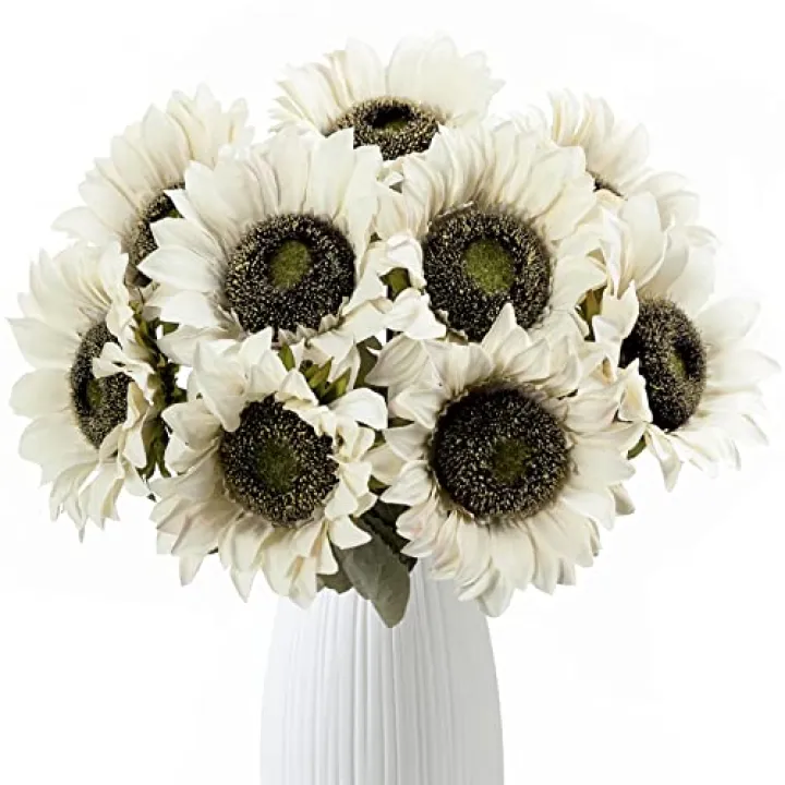 Hawesome Cream White Sunflowers Artificial Flowers 7 Pcs Faux Silk Sunflowers Bouquet Fake Real Touch Long Stems Floral for Wedding Party Centerpieces Home Decoration(Autumn White)