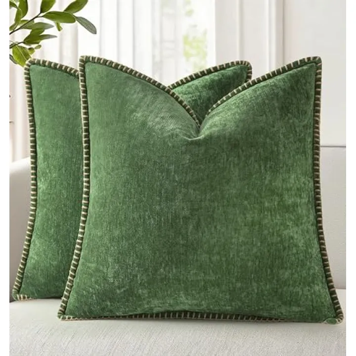 decorUhome Spring Chenille Soft Cozy Throw Pillow Covers 18x18 Set of 2, Modern Farmhouse Boho Velvet Decorative Pillow Cases with Stitched Edge for Couch Sofa Bed Home Decor, Forest Green