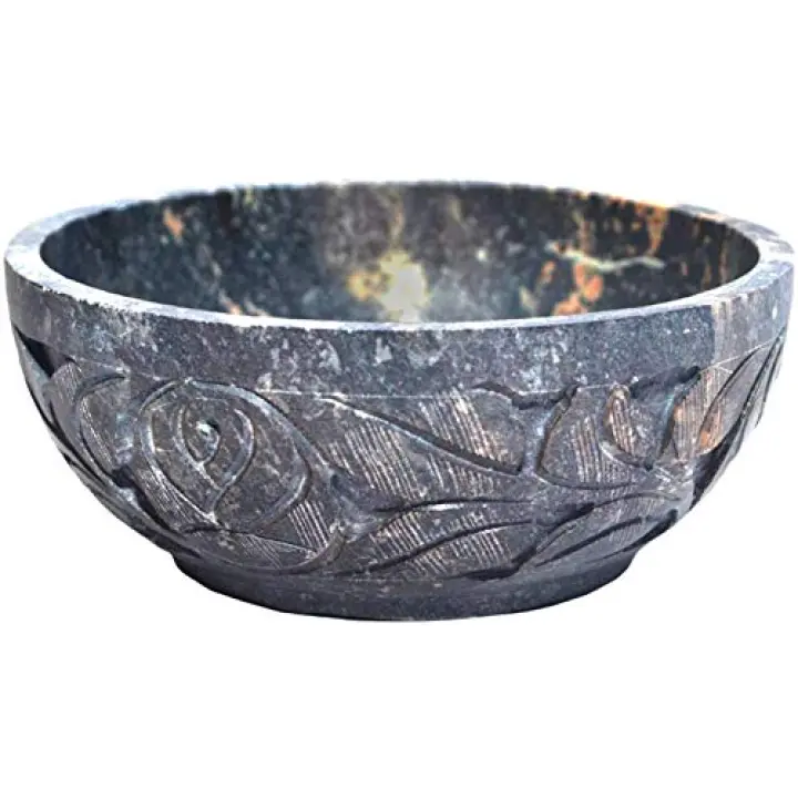 KC KULLICRAFT Marble Soapstone Natural Smudge Pot | Stone Bowl | Scrying And Smudge Bowl (Scrying - Bowls & Mirrors) (5 Inch) From India. Handmade Leaf Carved Design.