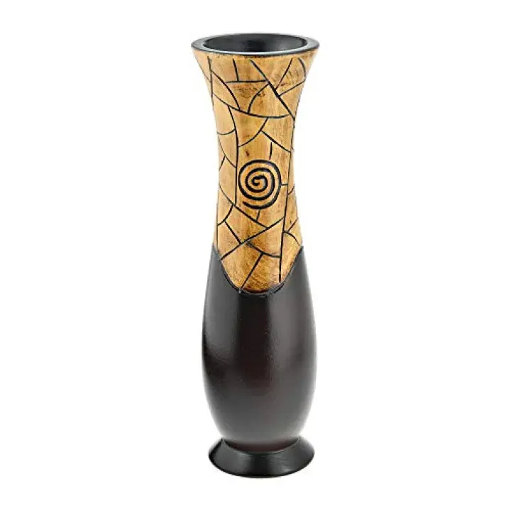 AeraVida Handcarved Wooden Spiral Accent Vase | 14-Inch Mango Wood Tropical Décor Vase for Dried or Artificial Flowers | Bali-Inspired Home Accent for Tabletop or Shelf Display