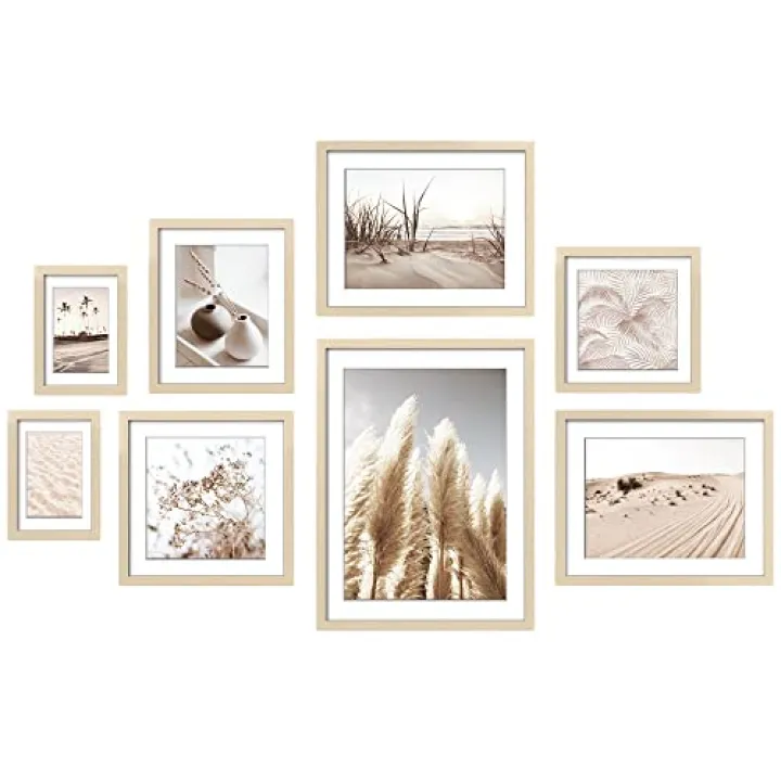 ArtbyHannah Gallery Wall Frame Set, 8 Pack Picture Frames Collage Wall Decor with Neutral Pampas Grass Art for Living Room, Assorted Size Including 11"x14", 8"x10", 5"x7"(Beige Frame)