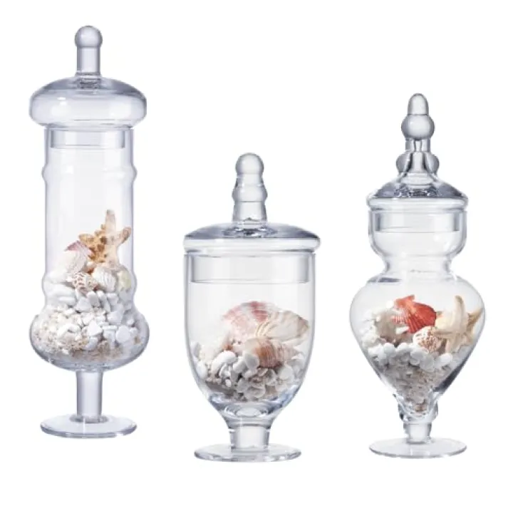 Set of 3 Apothecary Jar Glass Decorative Candy Jars Elegant Storage Candy Buffet Display, Wedding Candy Organizer Canisters (H: 9", 12.5", 14"; 20 FL.OZ, 23 FL.OZ and 28 FL.OZ)