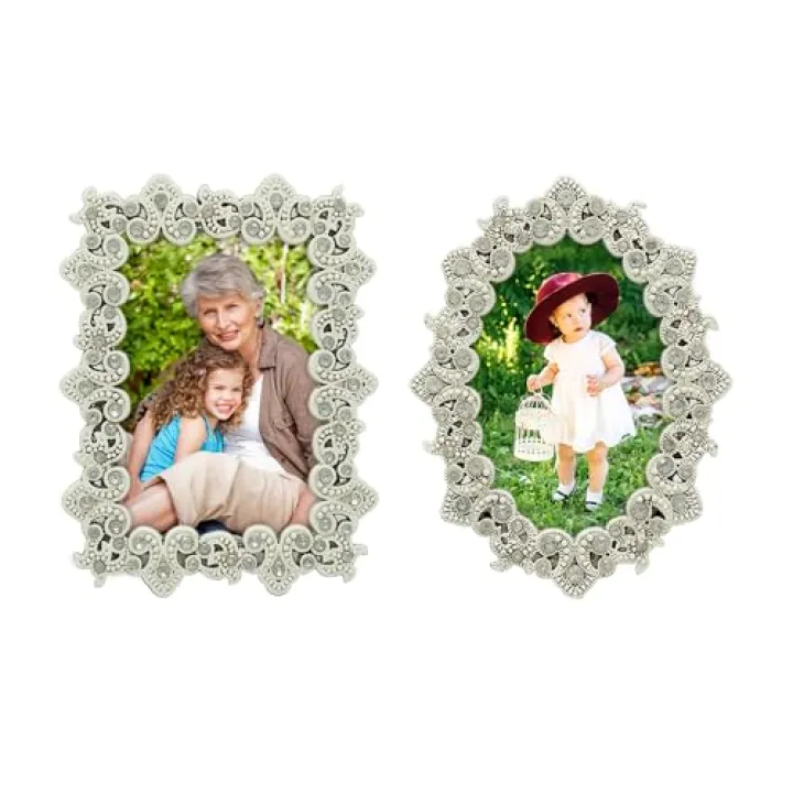 GIFTY GIFTY Vintage Jeweled Small Picture Frame Set of 2 Mini Photo Frame Set 2x3 inch for Tabletop Display Desk Small Picture Frames Perfect for Home Decor Wedding Graduation Milestone Photos - White