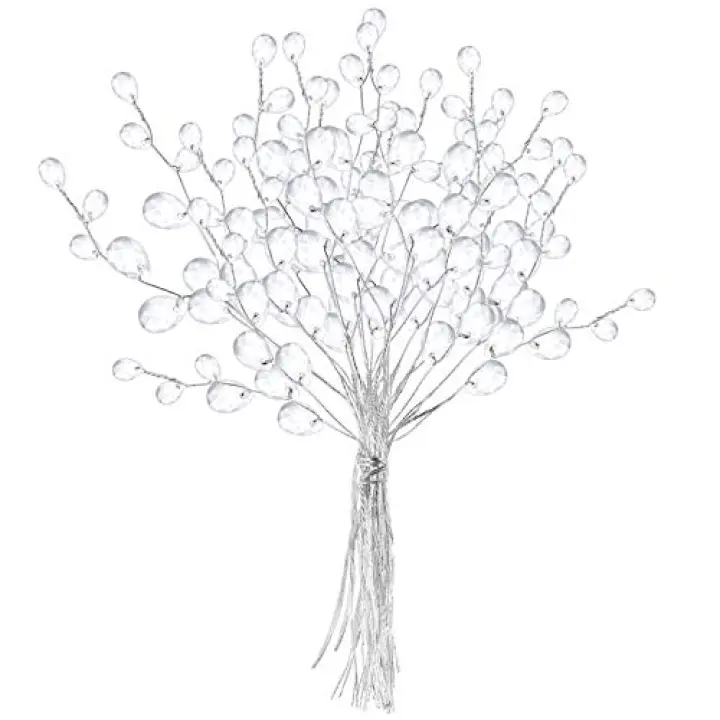 VOSAREA 50 Stems Artificial Bouquets Acrylic Bead Drops Flower Branches Bead Sprays for Wedding DIY Crafts (White, 17cm)