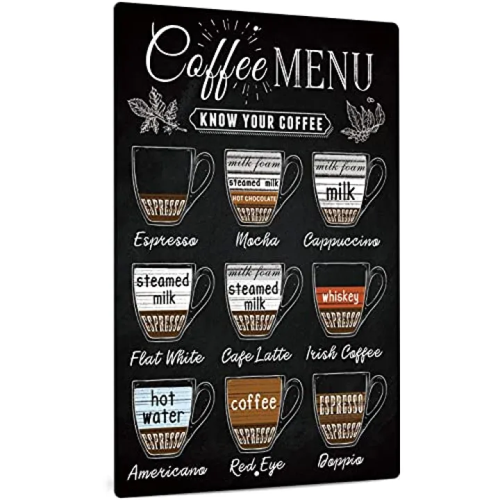 Putuo Vintage Coffee Menu Wall Decor, 12 x 8 Inches Aluminum Metal Sign for Bar, Restaurants, Cafes, Pubs, Office, Kitchen, Home Coffee Station