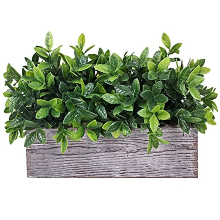 Winlyn Artificial Eucalyptus Plant in Rustic Rectangular Wooden Planter Box Faux Potted Herb Plant Greenery Arrangement for Farmhouse Indoor Wedding Table Centerpiece Mantel Shelf Kitchen Decor