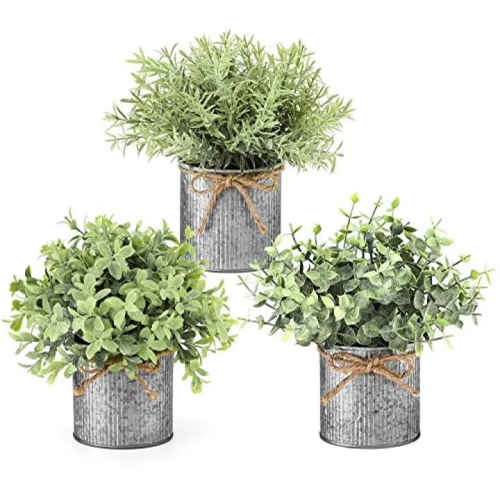 Mkono Small Fake Plants in Farmhouse Galvanized Metal Pots 3 Pack Potted Artificial Plant Eucalyptus for Laundry Room Bathroom Shelf Table Decor