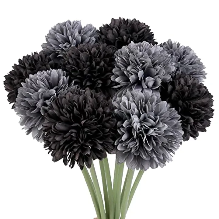 Louiesya 12 Pcs Black Grey Artificial Chrysanthemum Flower Balls Silk Fake Flowers for Indoor Outdoor Decor Wedding Spring New Year Home Kitchen Party Decorations