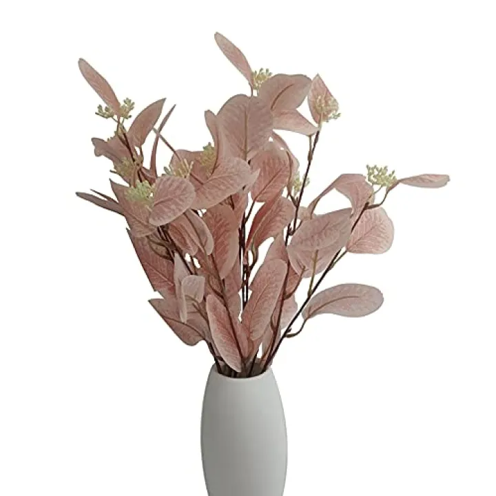 Wuudi 4Pcs Artificial Eucalyptus Leaves Stems Faux Eucalyptus Plant Branches for Vase Filling Home Decoration Flowers Wedding Holiday Arrangement (Light Pink)