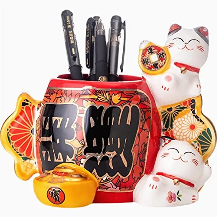 LinaLife Fortune Japanese Lucky Beckoning Cats Maneki Neko Flower Pot Vase Pen Holder,开运,Ceramic Round Rotating Art Supply Organizer for Cooking Utensil Holder Cactus Pot