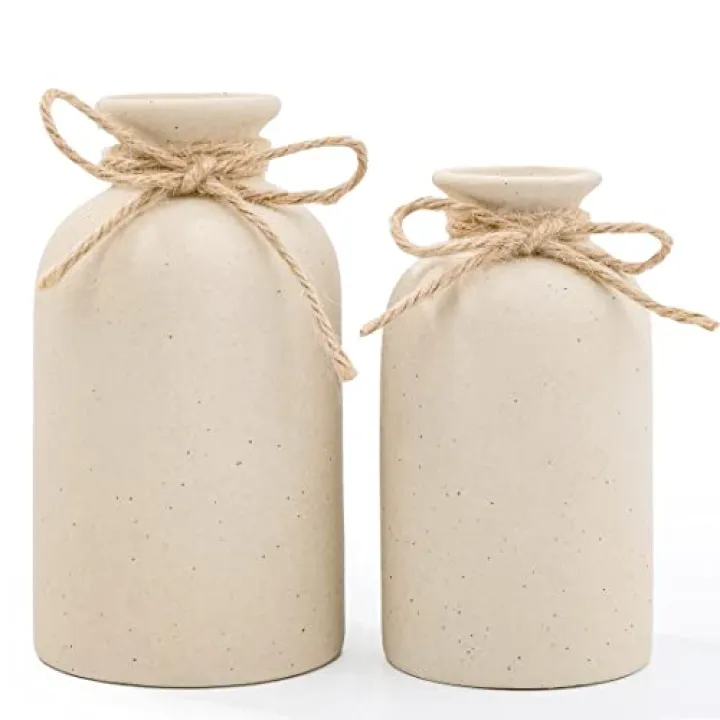 Hirdbrote Small Ceramic Vases for Decor 2-Piece, Flower Vase Vintage Decor Modern Farmhouse Rustic Home Decor, Wedding Centerpiece, Farmhouse Kitchen (5.5”& 4.7” Tall) (Beige & Black dot)