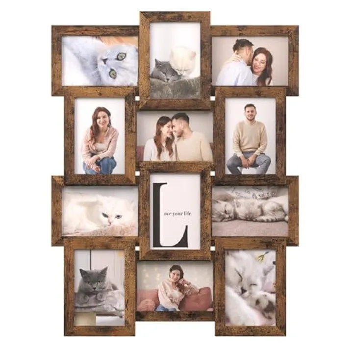 SONGMICS Collage Picture Frames, 4x6 for Wall Decor, Multi Family Photo for Gallery Decor, Hanging Display, Set of 12, Rustic Brown URPF026X01