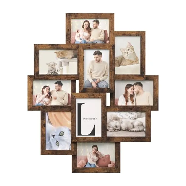 SONGMICS 4x6 Collage Picture Frames, 10-Pack Photo Collage Frame for Wall Decor, Glass Front, Assembly Required, Rustic Brown URPF020X02