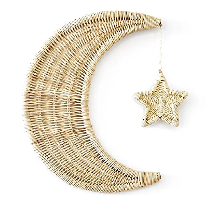 BEBE BASK Handmade Rattan Moon Wall Decor with Star - 100% Natural Organic Rattan Moon Decor for The Boho Nursery Decor - Moon and Stars Nursery Décor