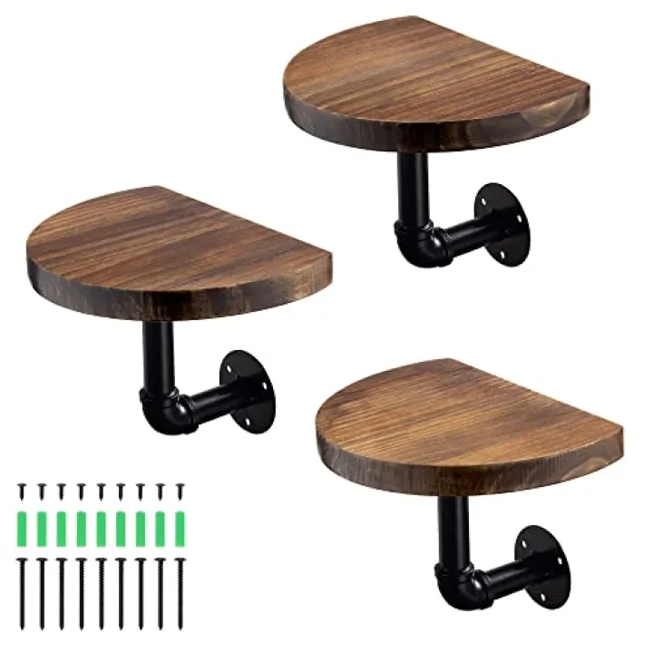 Navaris Industrial Pipe Shelf Set - 3 Small Rounded Wood Shelves with Shelf Brackets - 7.9" x 5.9" Wall-Mounted Wooden Shelving - Size S, Dark Brown