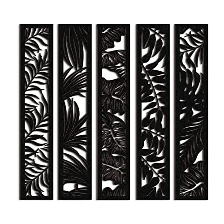Blulu 5 Pieces Wooden Wall Art Hollow Wall Decor Wood Panels for Home Decorations Bedroom Living Room, 15.7 x 2.9 x 0.2 Inch(Leaf,Black)