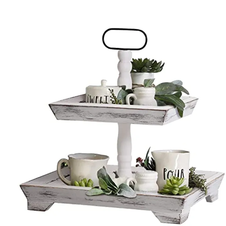 Tiered Tray Stand Farmhouse Tiered Tray for Decors Holder 2 Tiered Tray Stand for Kitchen Bedroom Entryway Coffee Bar