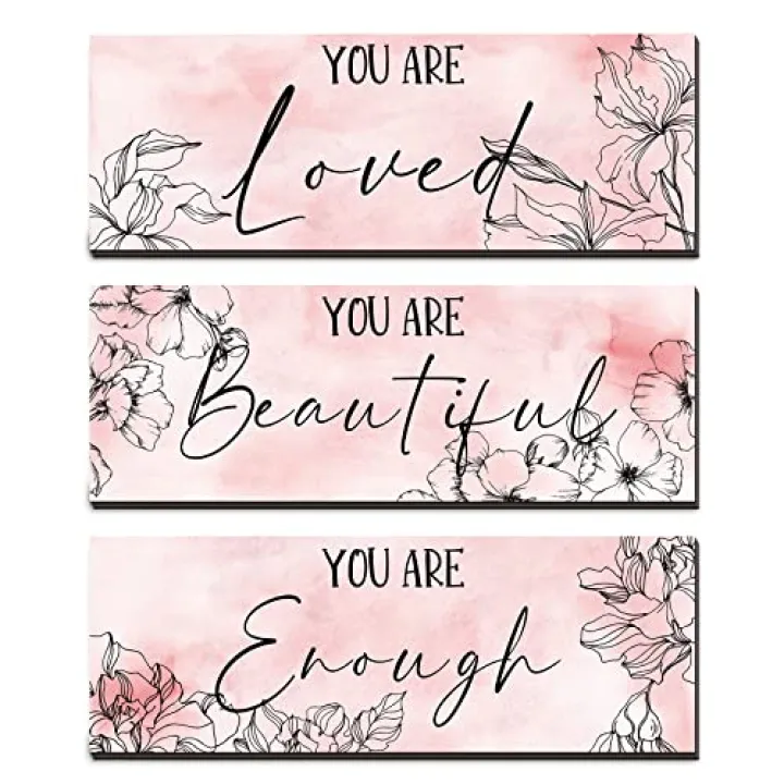 Yookeer 3 Pcs Floral Wooden Hanging Wall Art Inspirational Quotes You Are Beautiful Room Picture Decor Thank you Birthday Women Gift Teacher Assistant(4 x 11 Inch,Pink)