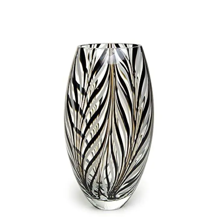 Ca D Oro Murano Style Glass Vase Black and White Feather Pattern Hand Blown Art Glass for Flower, Room Decoration and Centerpiece - Model 54 MS